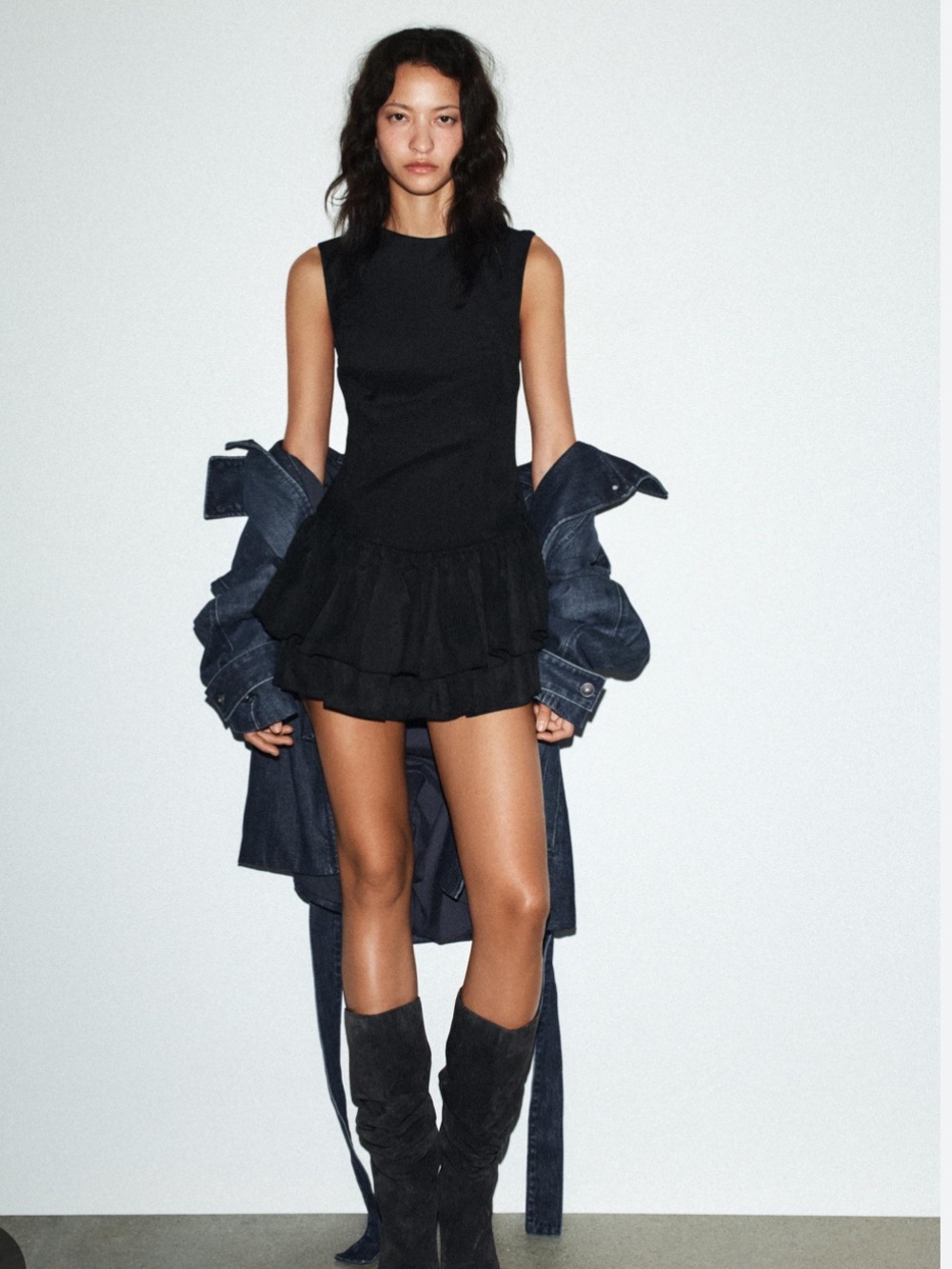 Zara NWT short faux suede romper dress with ruffles black 4764/279 - Picture 2 of 12